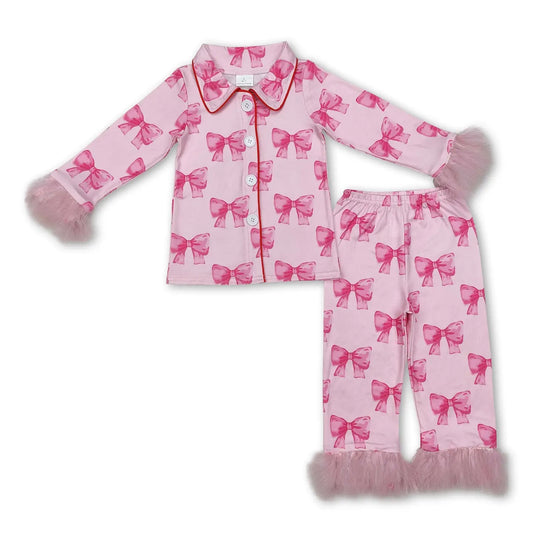 Pink Bow Fur Long Sleeves Kids Girls Button Down Pajamas