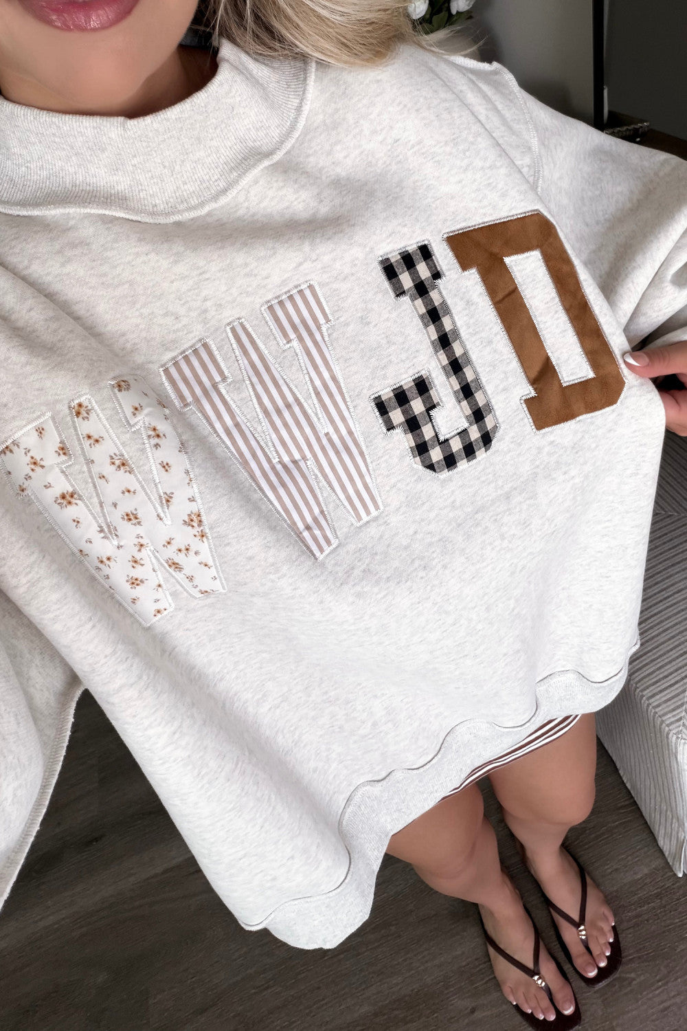 Gray WWJD Mixed Pattern Embroidered Patch Graphic Mock Neck Sweatshirt - PREORDER