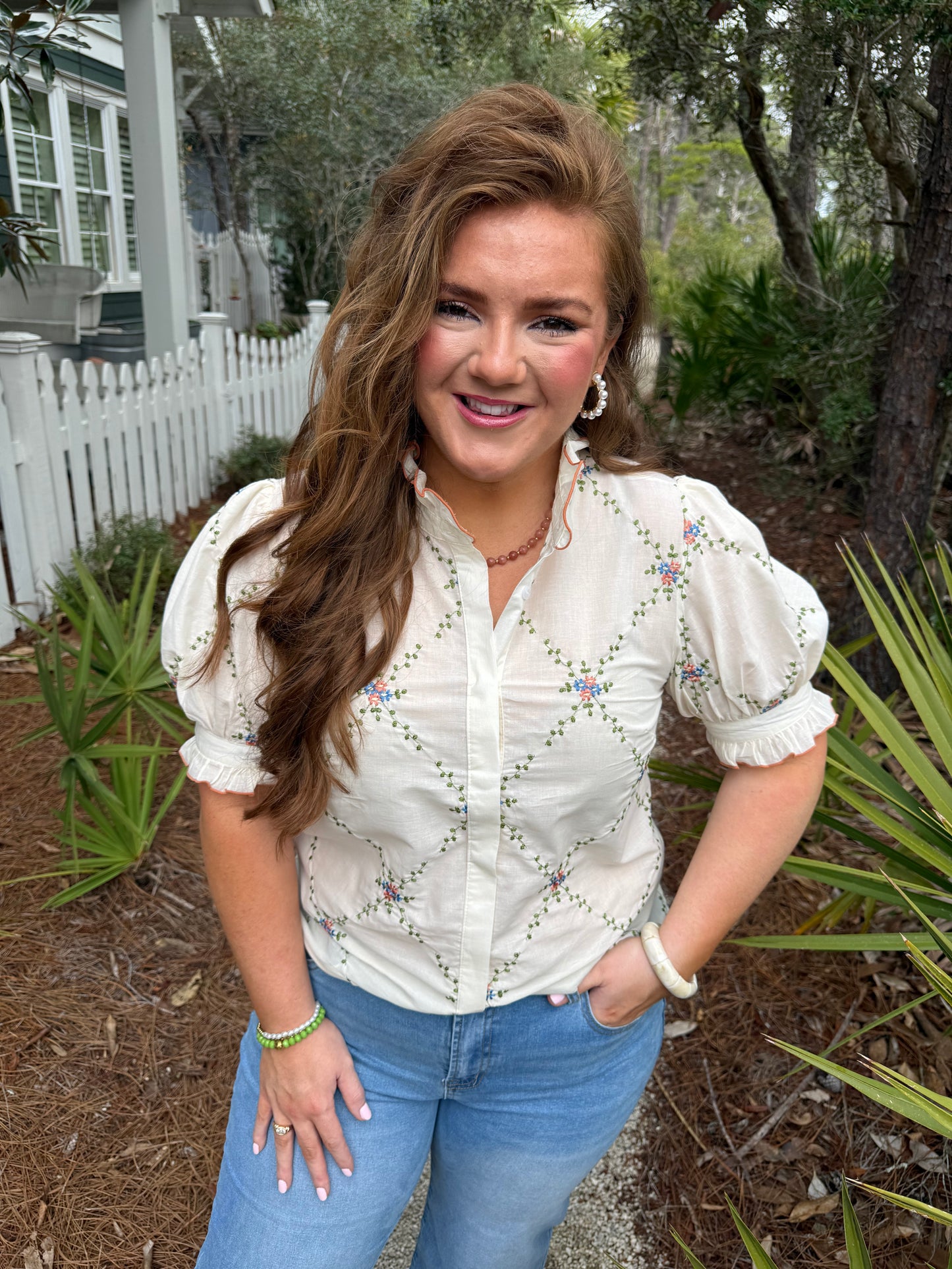 Embroidered Ruffle Collar Cotton Blouse