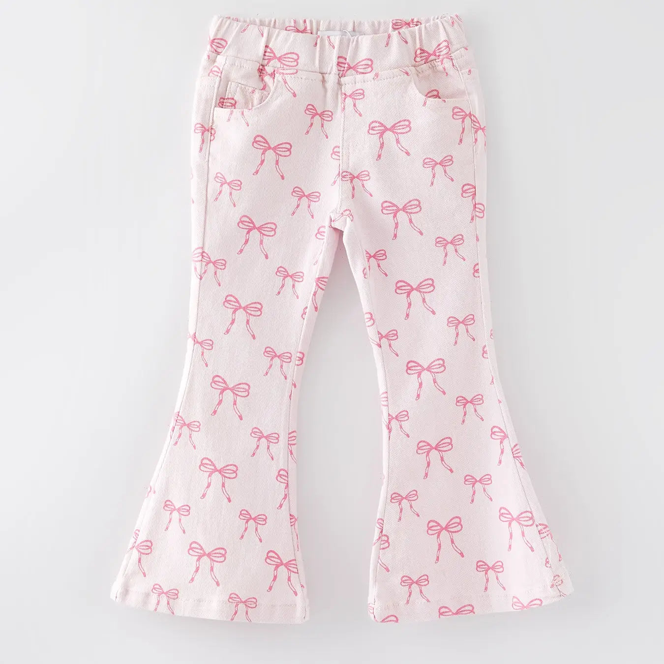 Girls Pink Bow Print Elastic Flared Jeans PREORDER