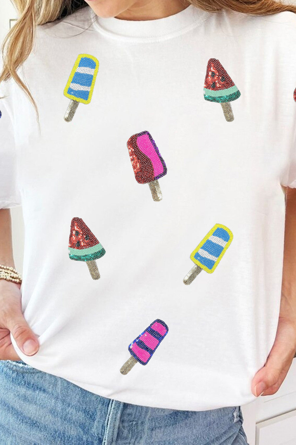 White Sequin Popsicle Graphic Casual T Shirt - PREORDER