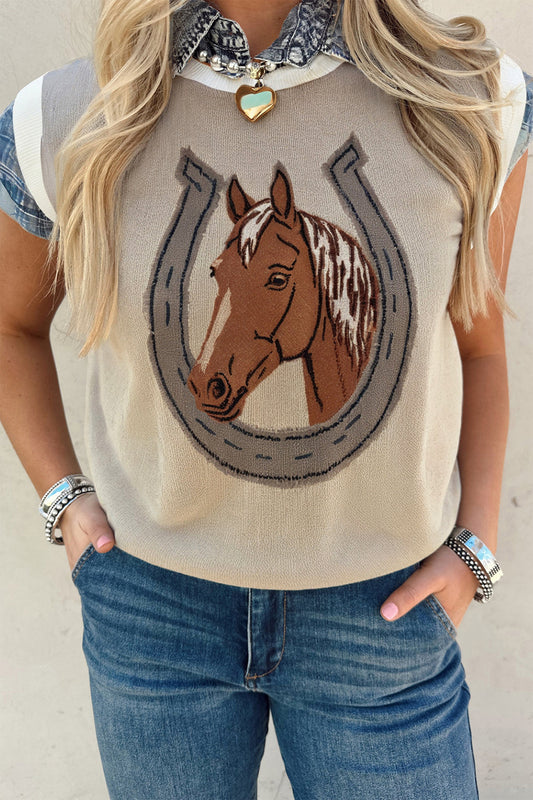 Horse Shoe Print Color Block Trim Round Neck Sleeveless Sweater