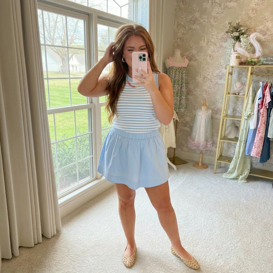 Sky Blue Stripe Slim Tank Contrast Ruffle Mini Skirt Set - PREORDER