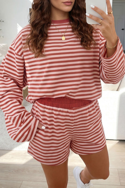 Brown Stripe Relaxed Long Sleeve Top Contrast Elastic Waistband Short Set - PREORDER