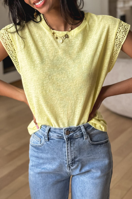 Yellow Cream Lace Patchwork Cap Sleeve Round Neck T Shirt - PREORDER