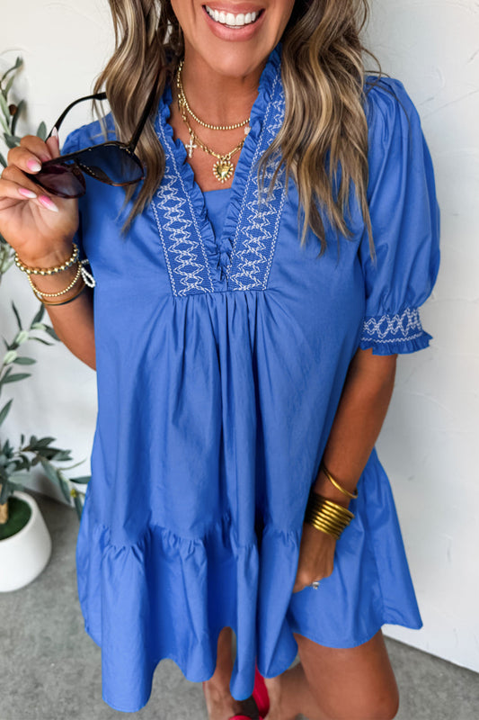 Sky Blue Embroidered Smocked Detail V Neck Short Puff Sleeve Mini Dress - PREORDER