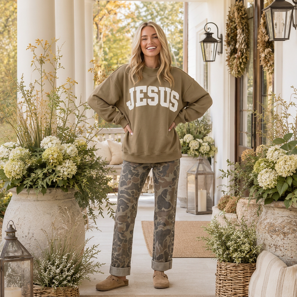 Pale Khaki JESUS Letter Print Exposed Seam Mock Neck Baggy Sweatshirt - PREORDER
