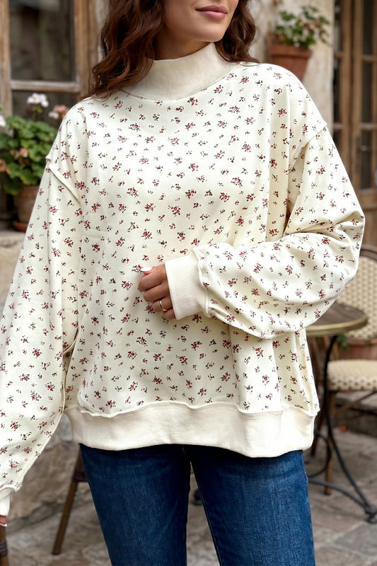Beige Ribbed High Neck Patchwork Floral Print Baggy Pullover Sweatshirt - PREORDER