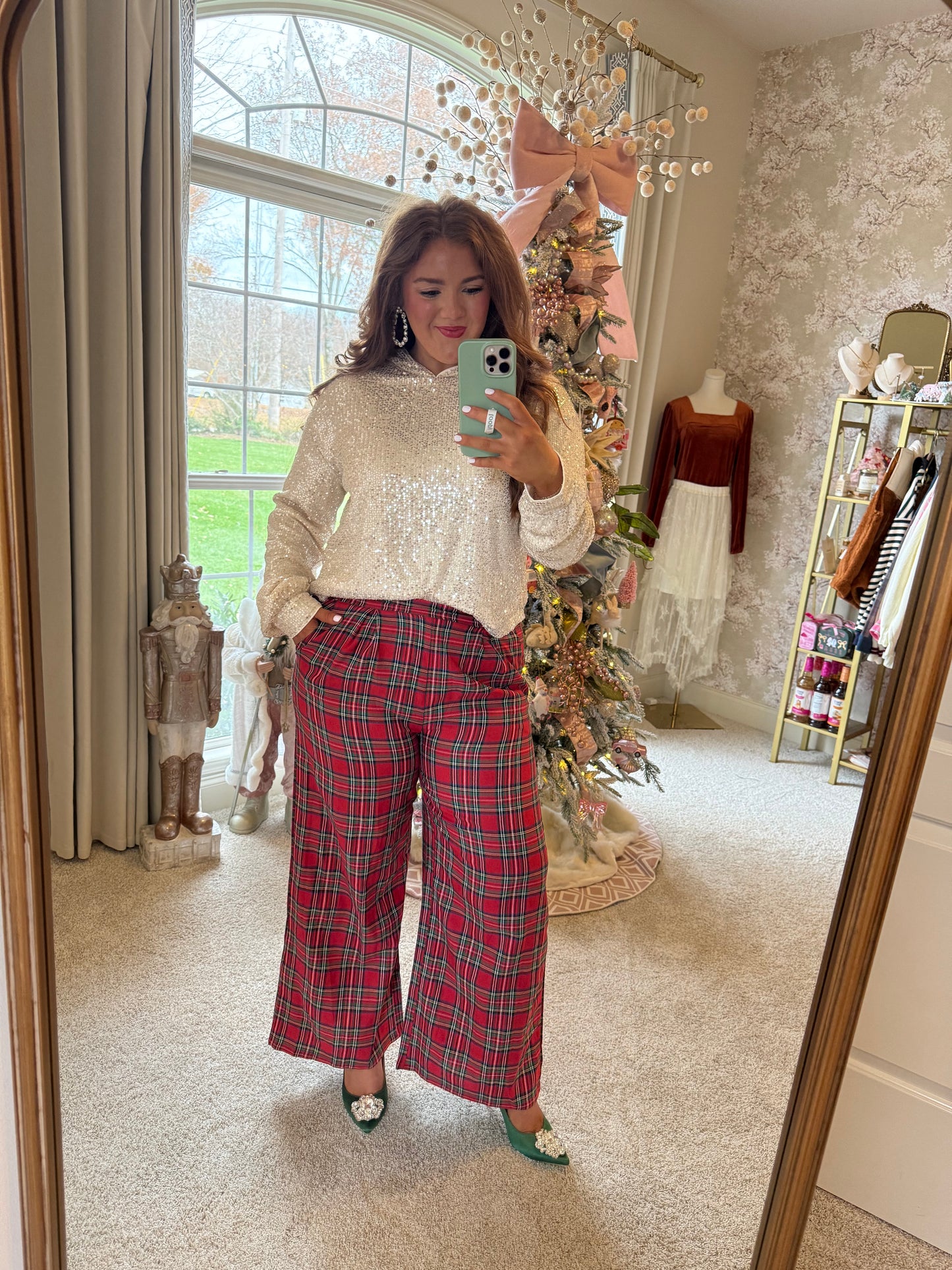 Red Festive Plaid Wide Leg Pull On Pants - PREORDER