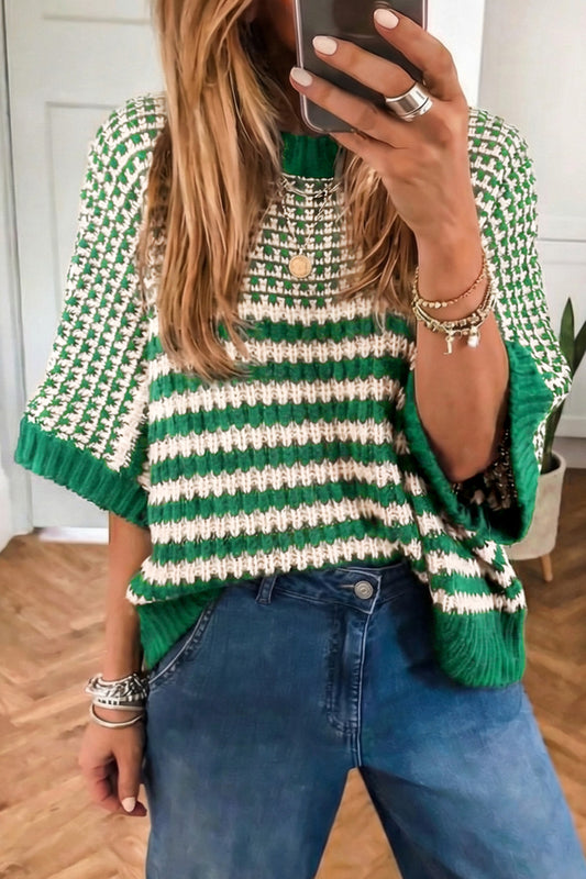 Green Stripe 3/4 Draped Sleeve Slouchy Sweater - PREORDER