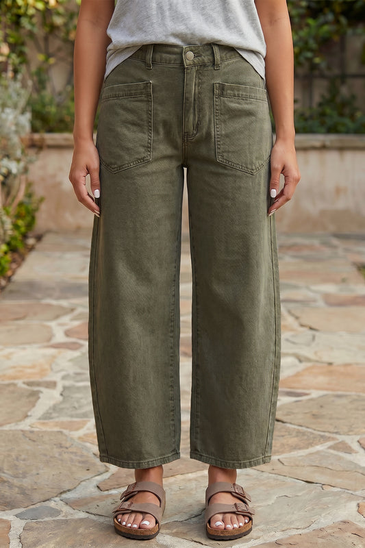 Four Leaf Clover Solid Color Square Patch Pocket Ankle-length Barrel Jeans - PREORDER