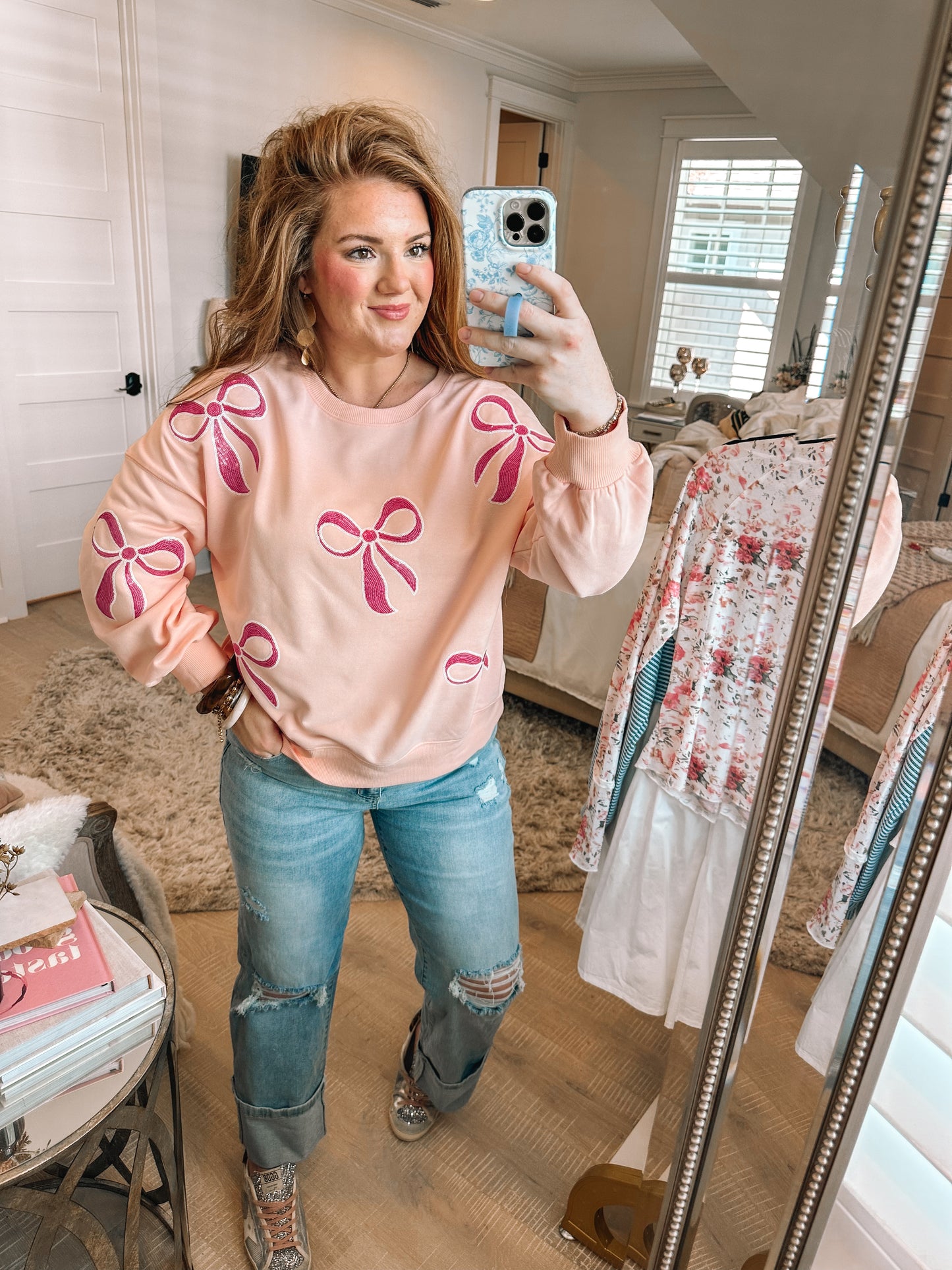 Pink Sequin Bow Knot Drop Shoulder Oversized Sweatshirt