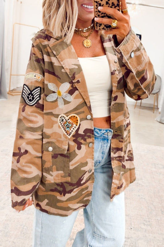 Khaki Camo Embroidered Patch Long Sleeve Denim Jacket - PREORDER