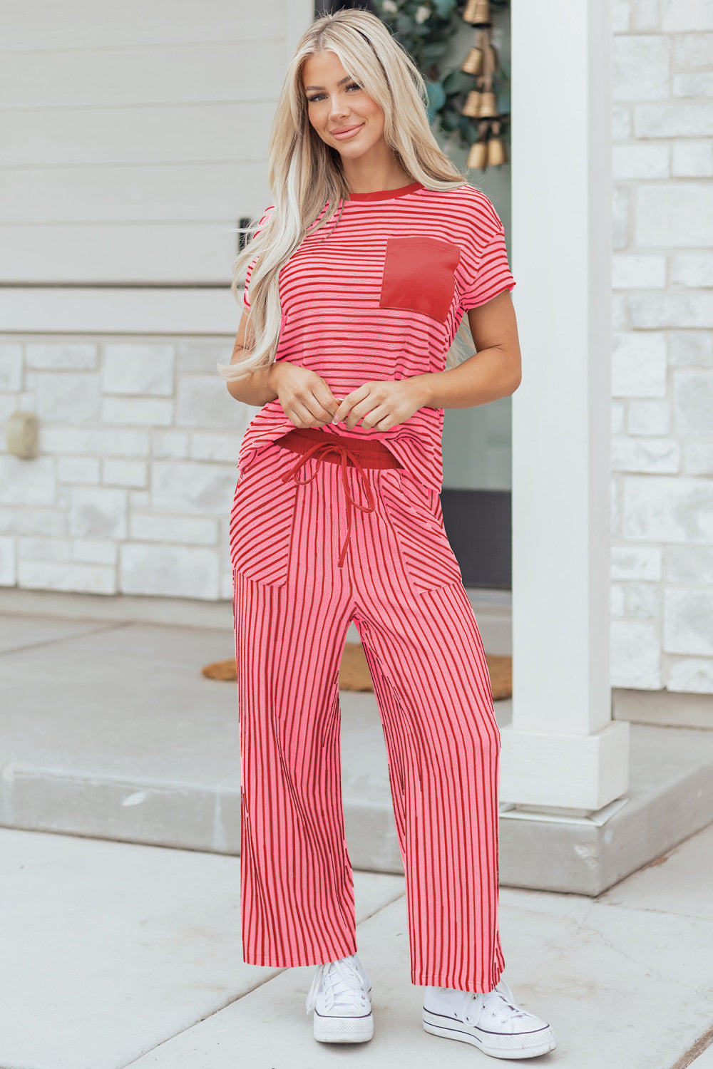 Rose Stripe Crew Neck Tee Drawstring Waist Cropped Pants Set - PREORDER