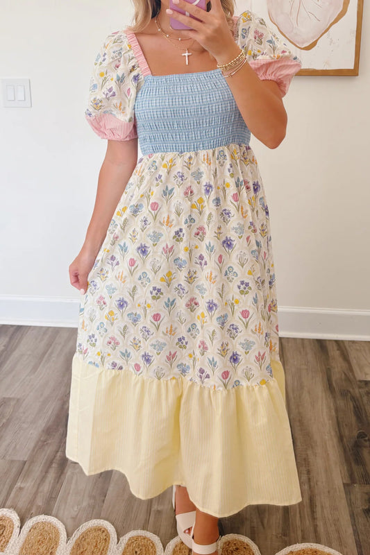 Multicolour Floral Print Striped Color Block Patchwork Square Neck Shirred Long Dress - PREORDER