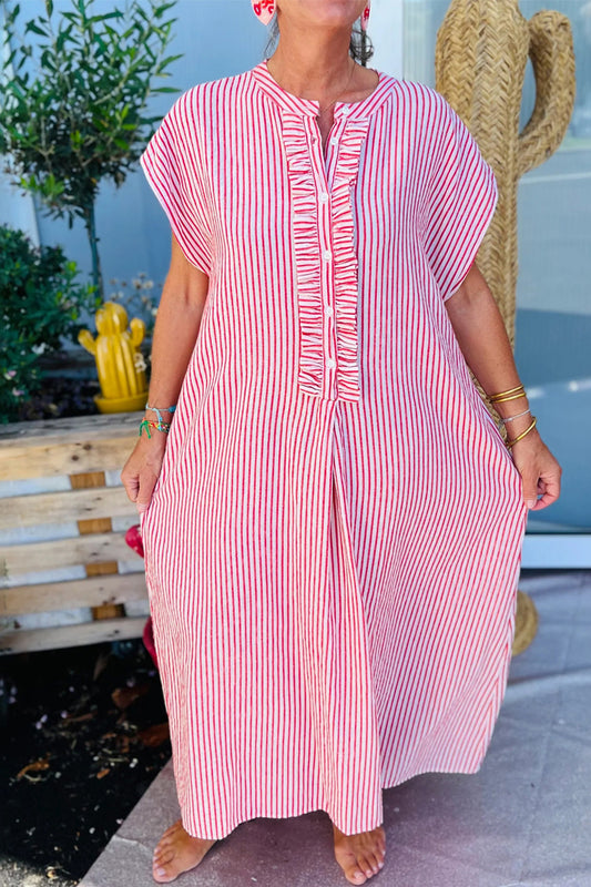 Red Stripe Frilled Detail Half Buttons Short Sleeve Long Dress - PREORDER