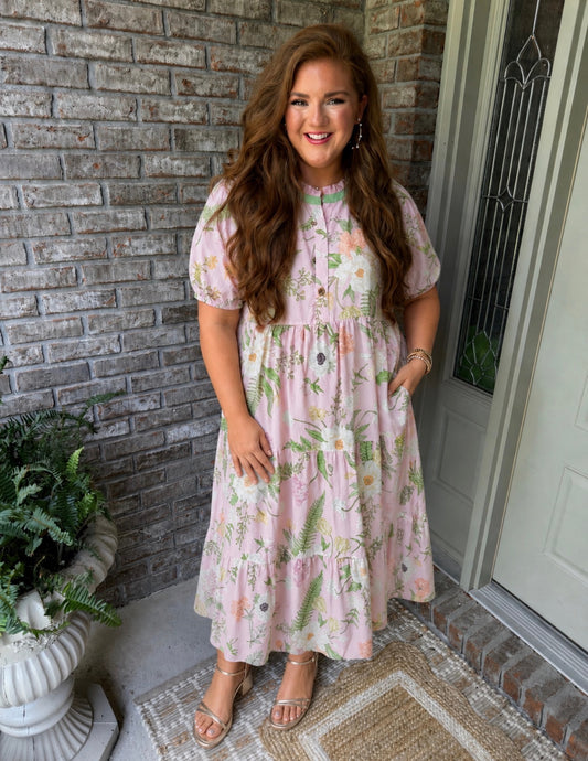 Pink Floral Print Short Puff Sleeve High Waist Tiered Maxi Dress