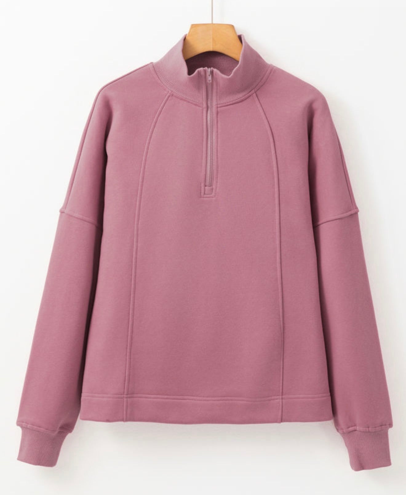 Mauve Zipped Neck Pullover Drop Shoulder Sweatshirt - PREORDER