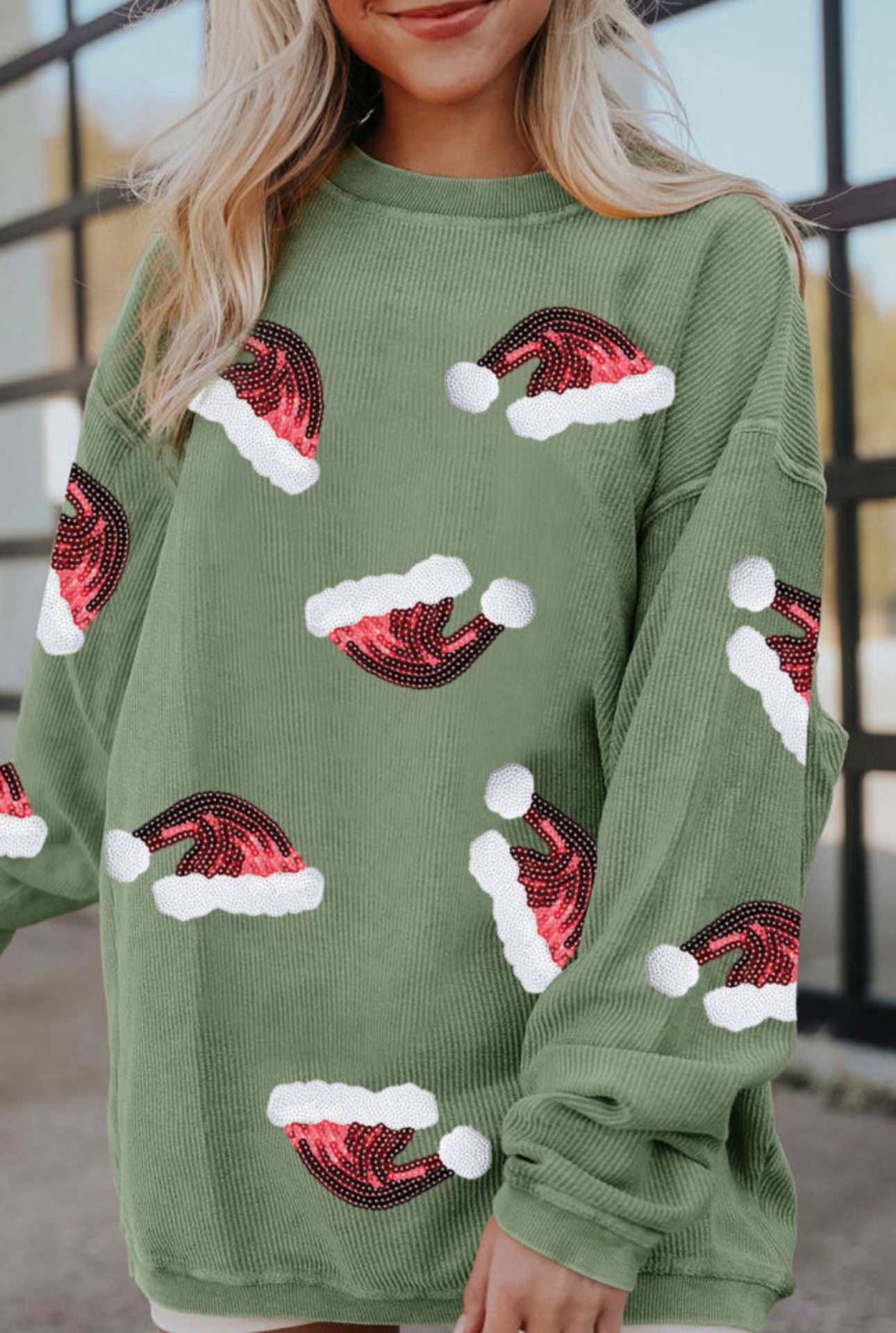 Green Sequined Christmas Hat
Graphic Winter Corded Sweatshirt