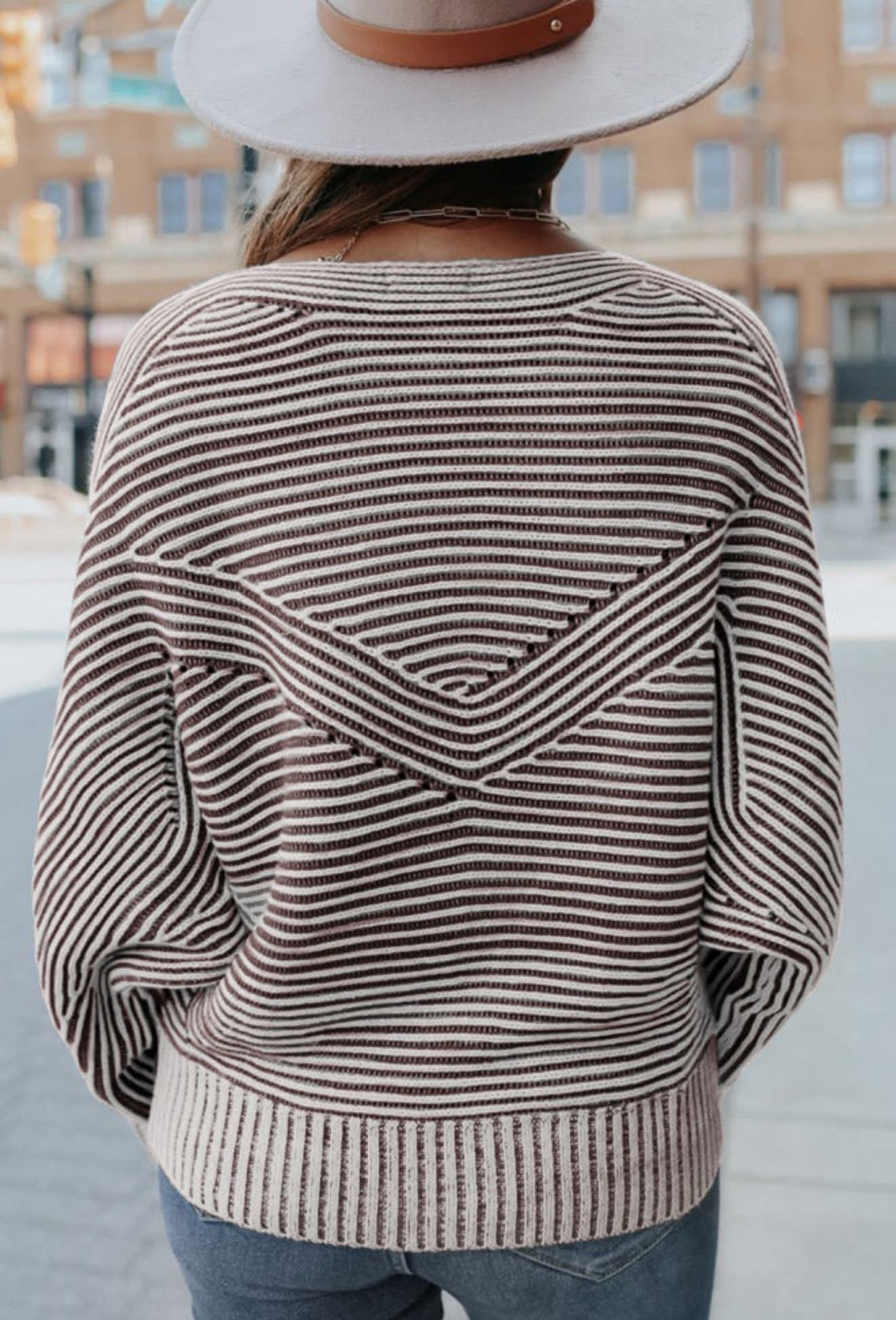 Coffee Striped Print Ribbed Knit Boat Neck Baggy Sweater - PREORDER