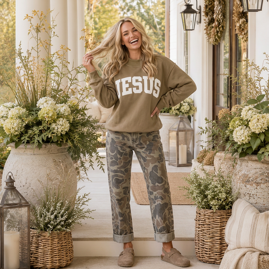 Pale Khaki JESUS Letter Print Exposed Seam Mock Neck Baggy Sweatshirt - PREORDER