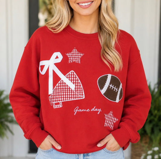 Red Gingham Patch Embroidered Football Game Day Stars Sweatshirt - PREORDER
