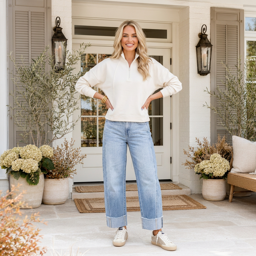 White Zipped Neck Pullover Drop Shoulder Sweatshirt - PREORDER