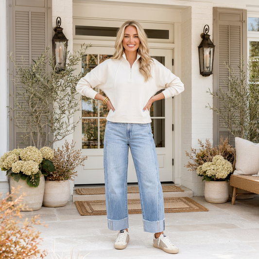 White Zipped Neck Pullover Drop Shoulder Sweatshirt - PREORDER