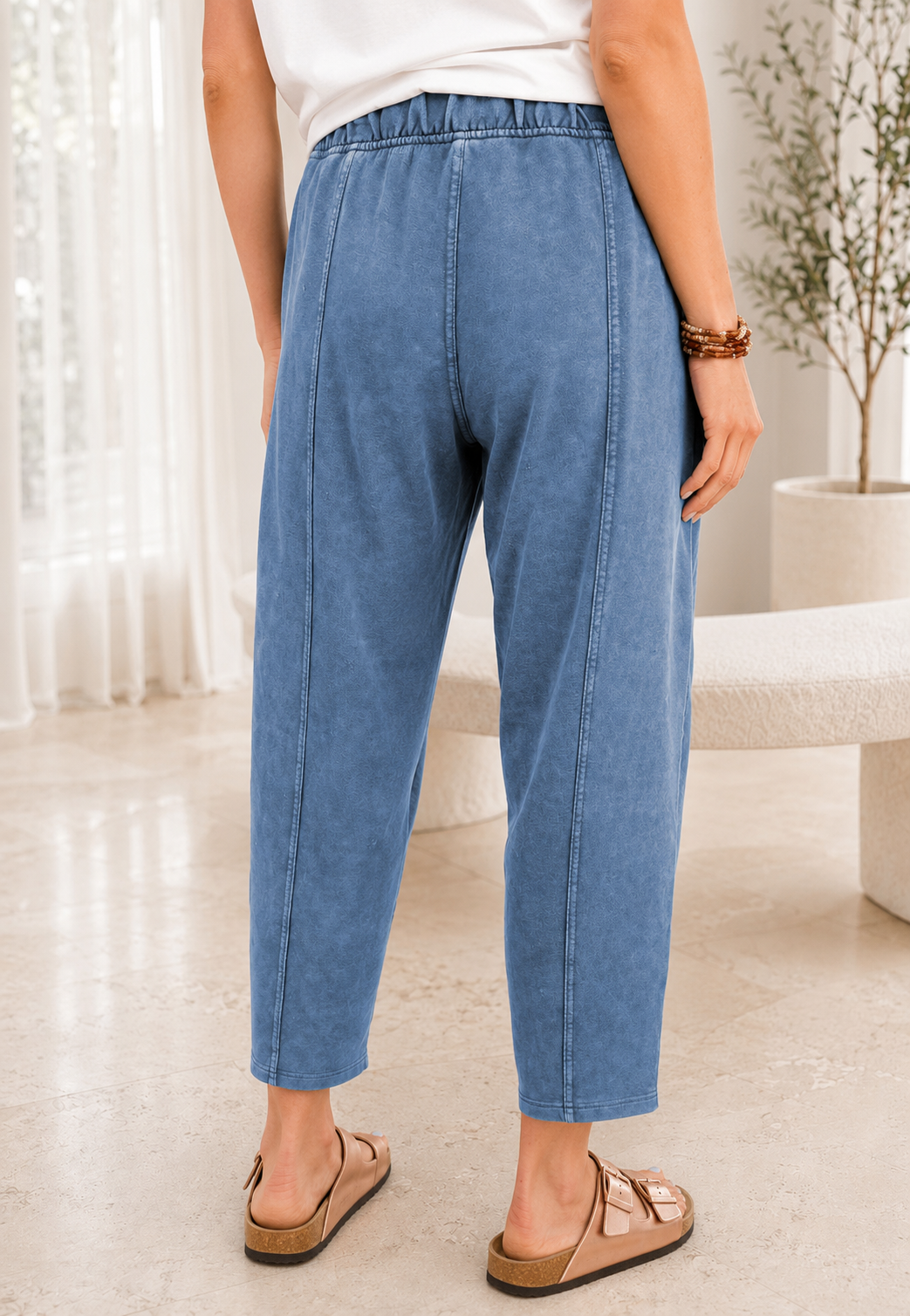 Sail Blue Mineral Wash Seam Detail Elastic Waist Barrel Pants - PREORDER