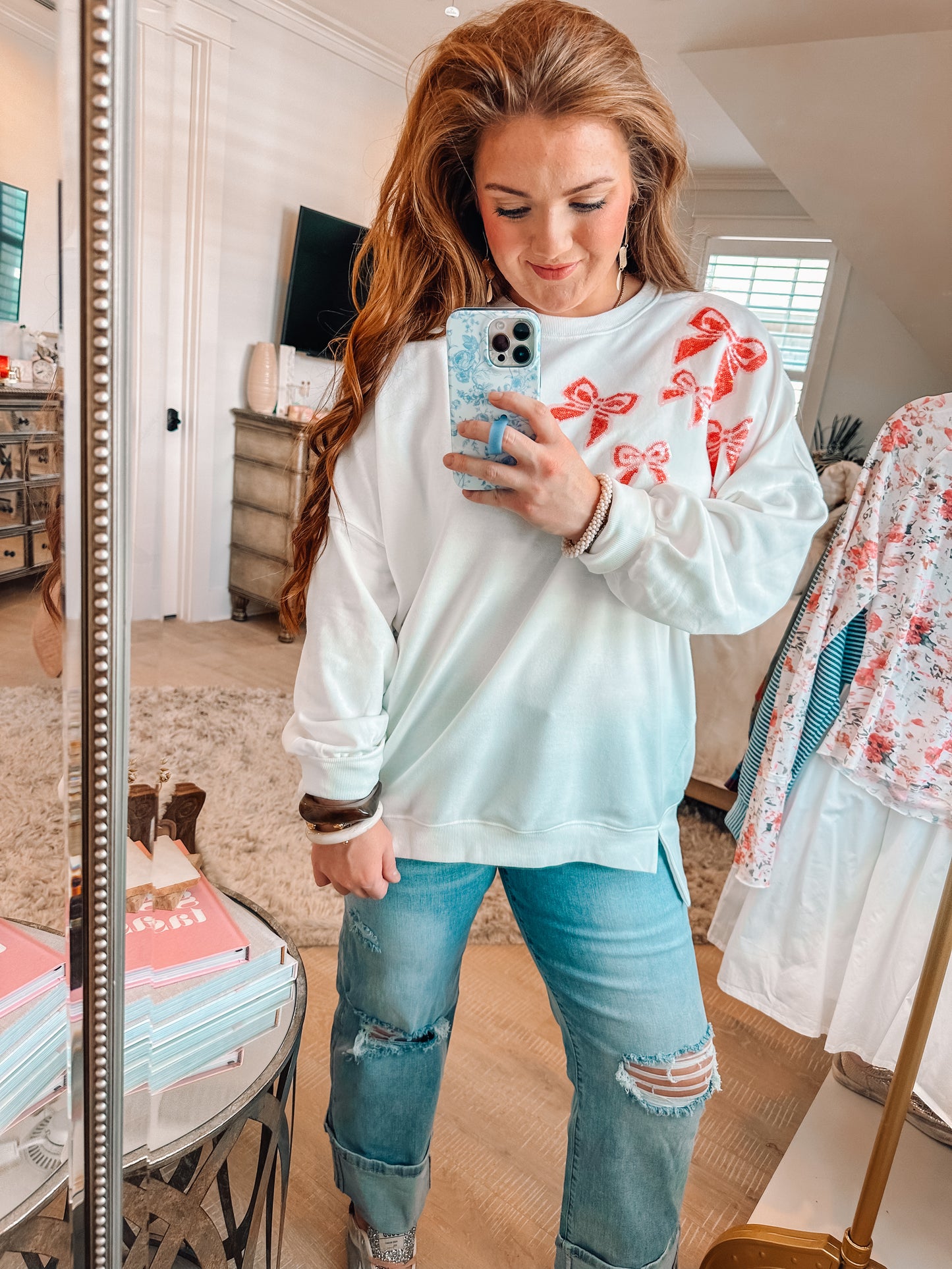 White Sequin Bowknot High Low Oversize Sweatshirt