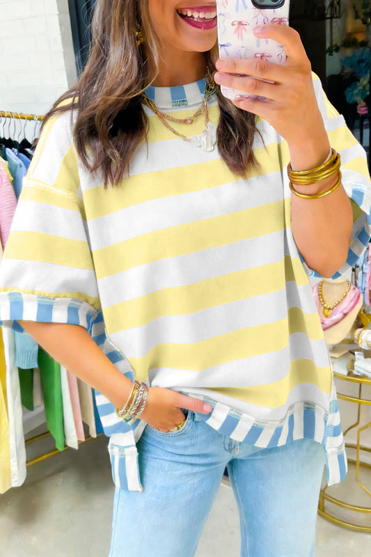 Yellow Stripe Exposed Seam Contrast Patchwork Oversized Top - PREORDER