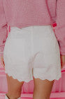 White Scalloped Hemline Acid Wash High Waist Denim Shorts - PREORDER