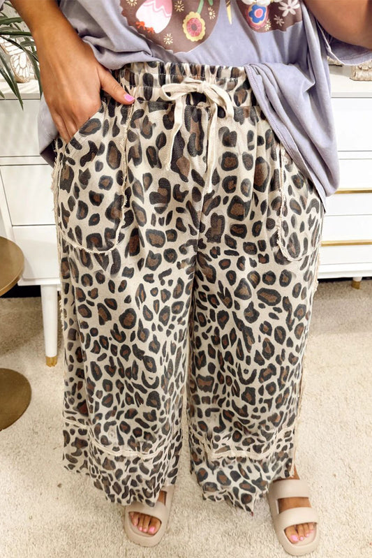 Khaki Exposed Seam Patched Pocket Plus Size Drawstring Leopard Wide Leg Pants - PREORDER