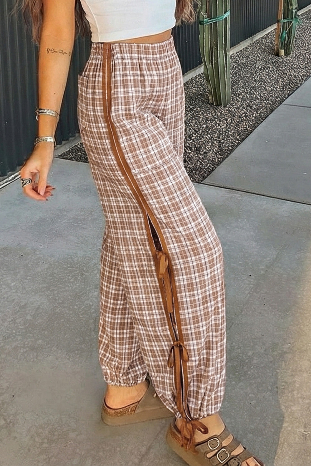 Chestnut Plaid Print Elastic Waist Bow Tie Contrast Detail Jogger Pants - PREORDER