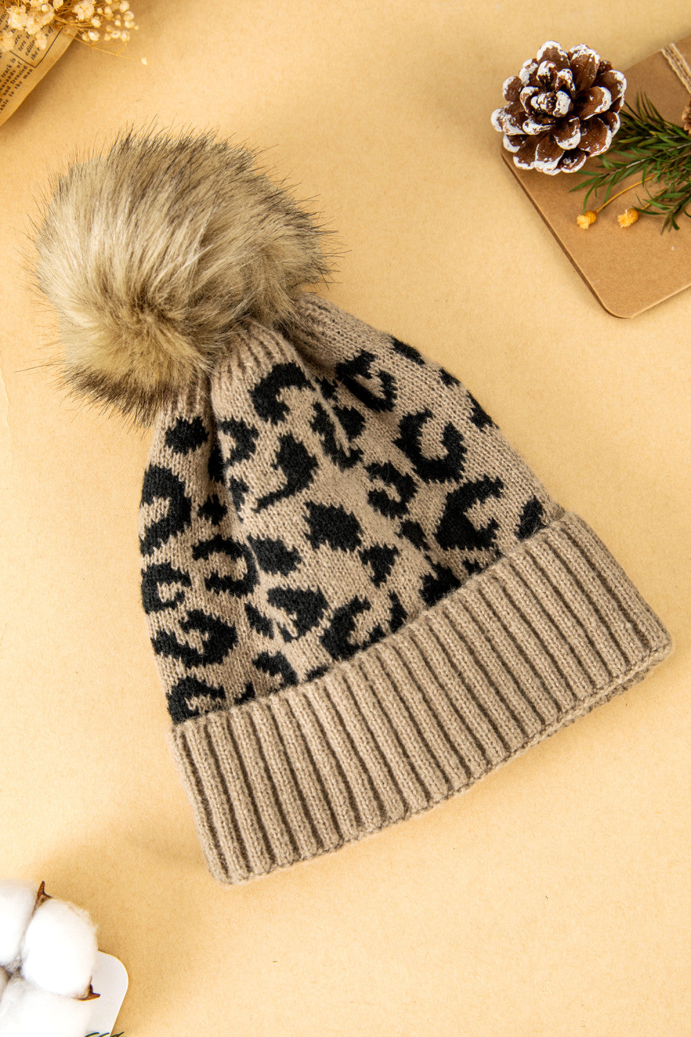 Beige Faux Fur Pompom Leopard Knit Beanie