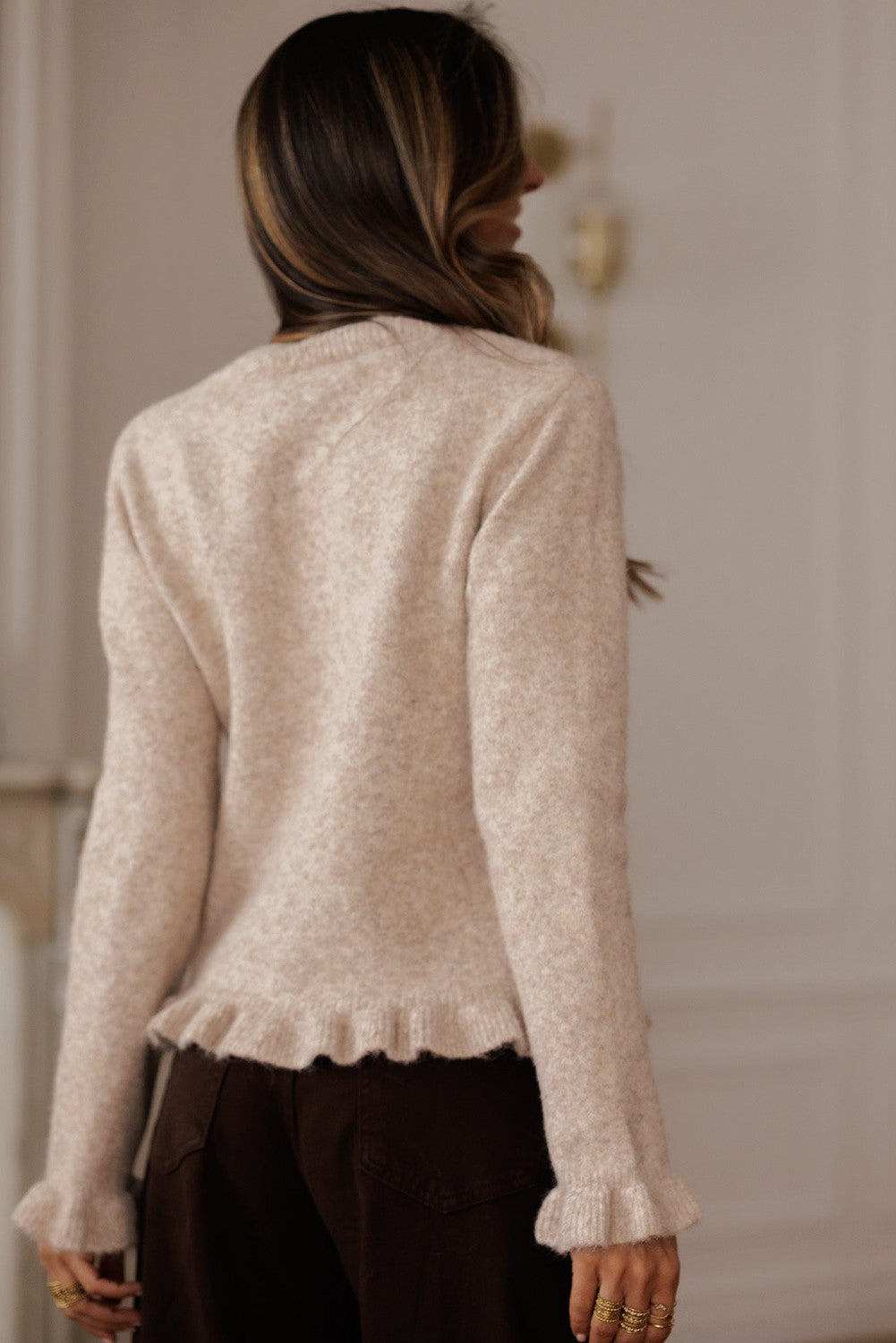 Oatmeal Ruffle Trim Gold Button Sweater Cardigan - PREORDER