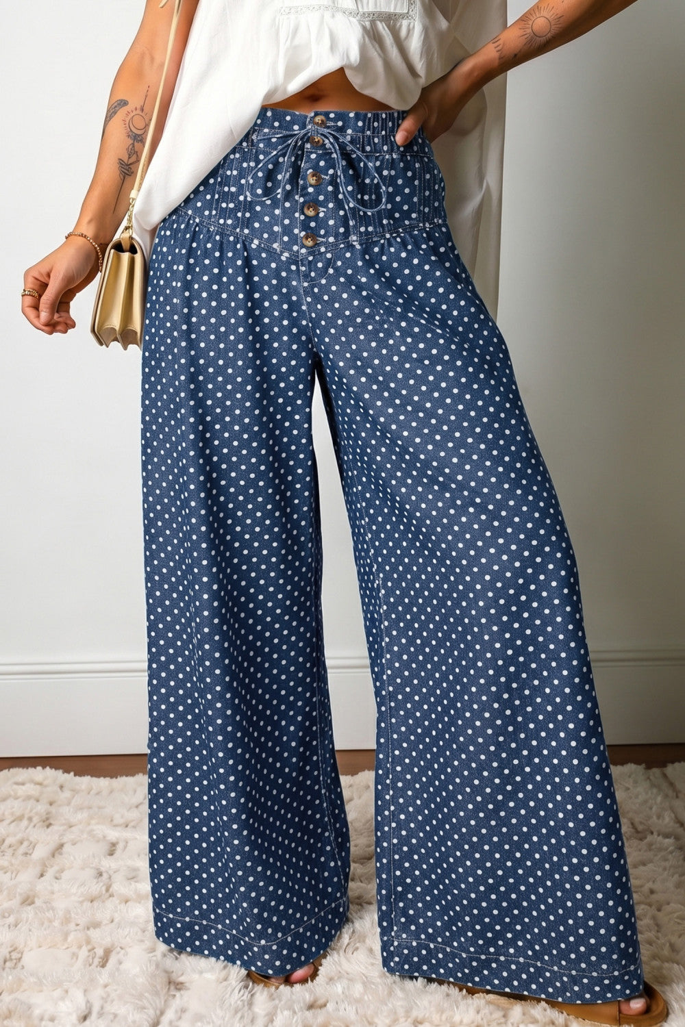 Sky Blue Polka Dot Print Button Pleated Detail Wide Leg Jeans - PREORDER