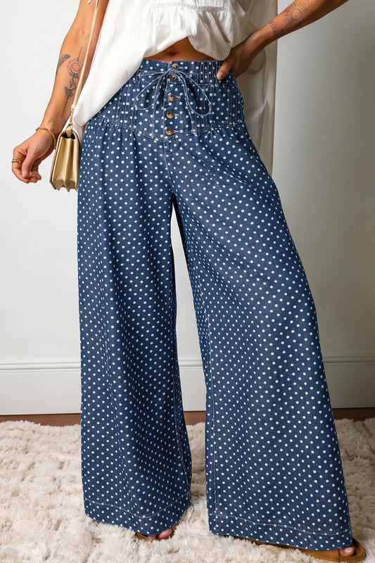 Sky Blue Polka Dot Print Button Pleated Detail Wide Leg Jeans - PREORDER