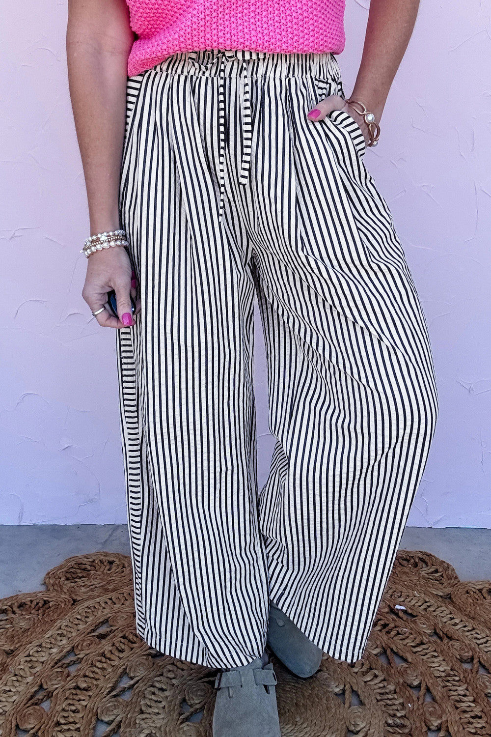 Black Stripe Wide Leg Casual Pants - PREORDER
