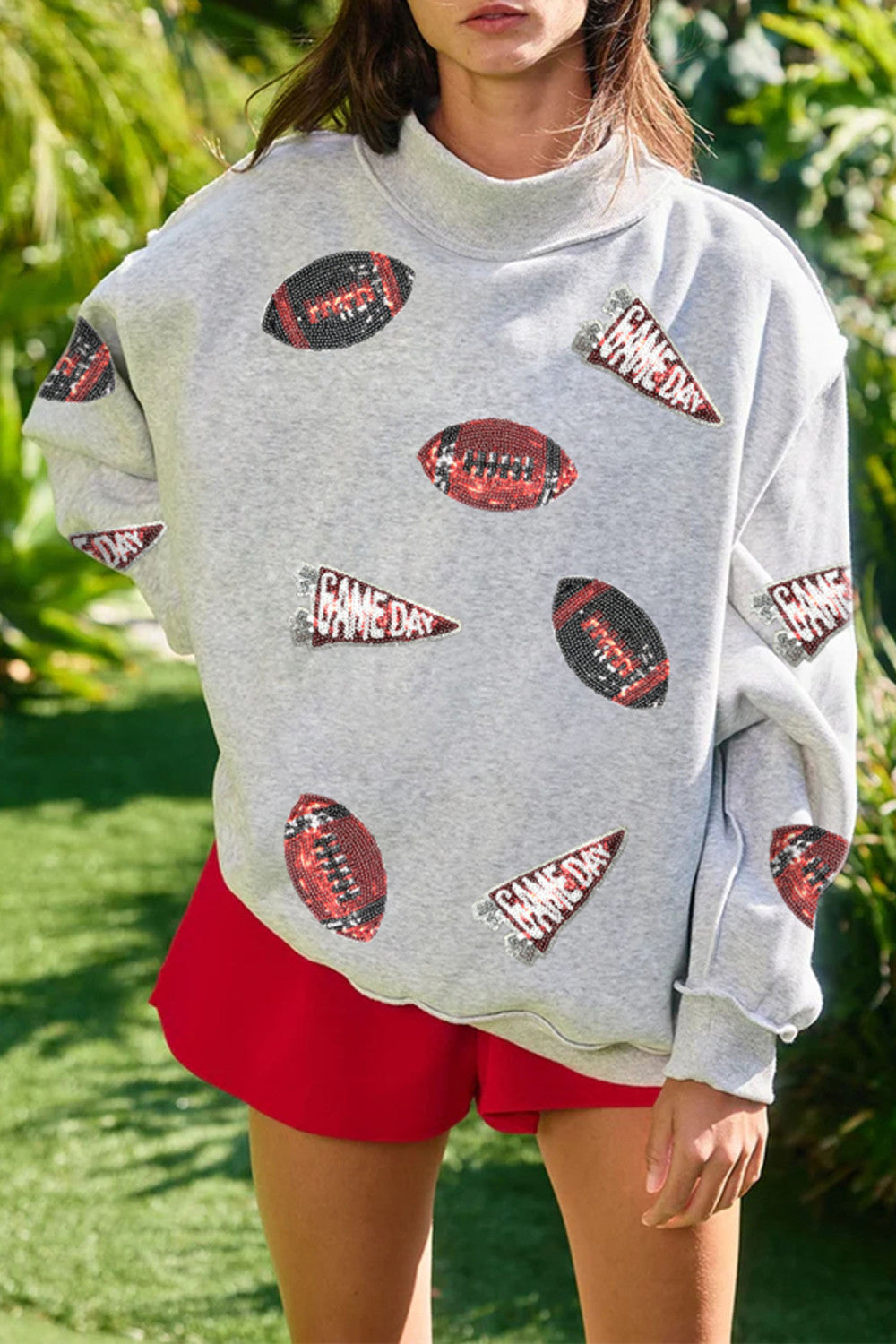 Light Grey Sequin Rugby Game Day High Neck Baggy Sweatshirt - PREORDER
