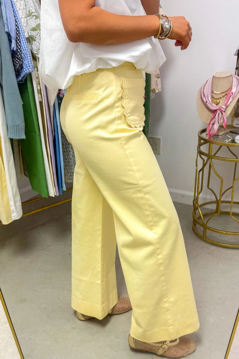 Yellow Solid Color Scalloped Patch Pocket Shift Jeans - PREORDER