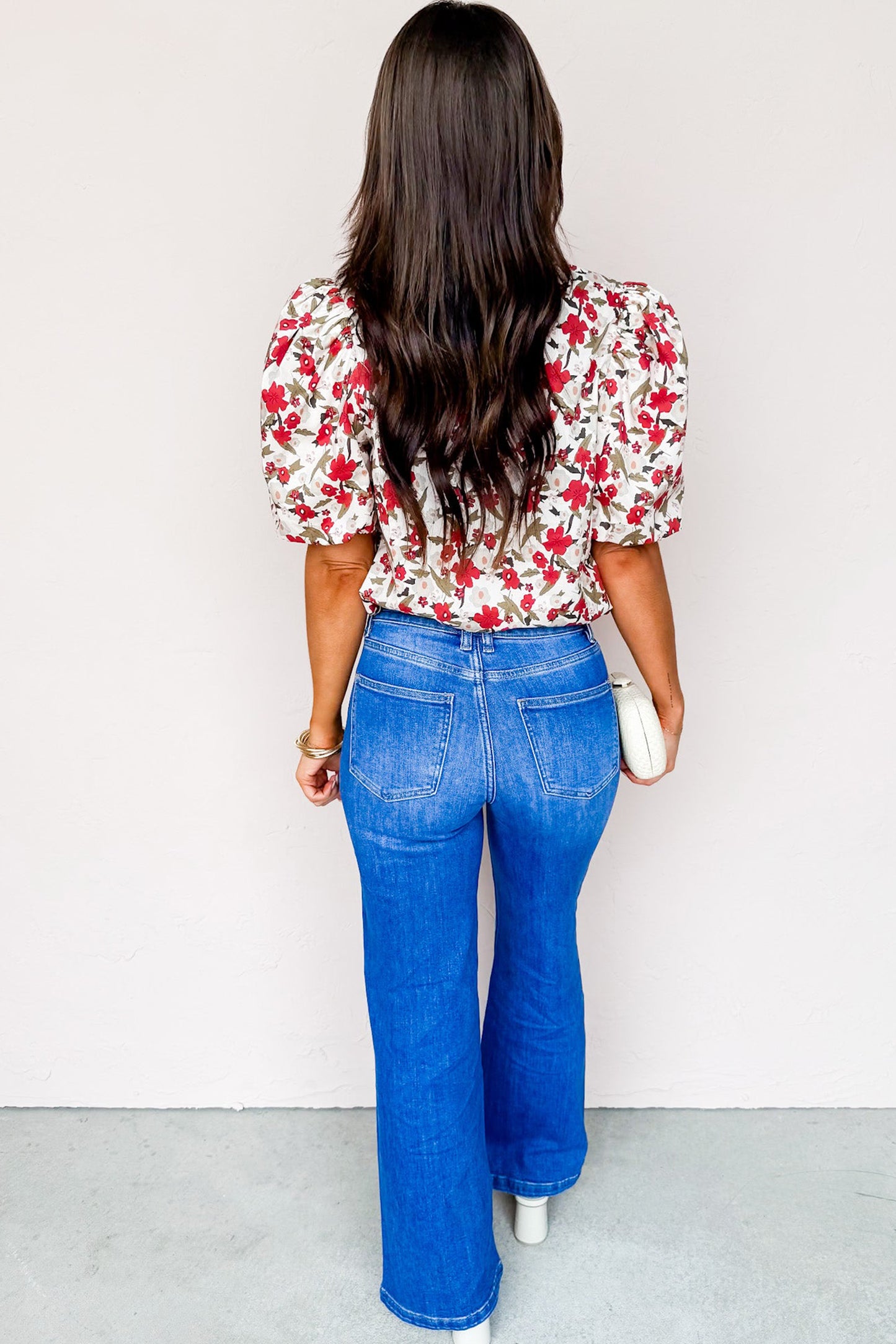 Red Floral Print Short Puff Sleeve Button Front Shirt - PREORDER