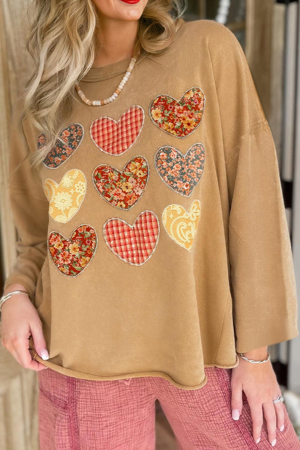 Straw Yellow Plaid Floral Heart Stitched Exposed Seam Mineral Wash Sweatshirt - PREORDER