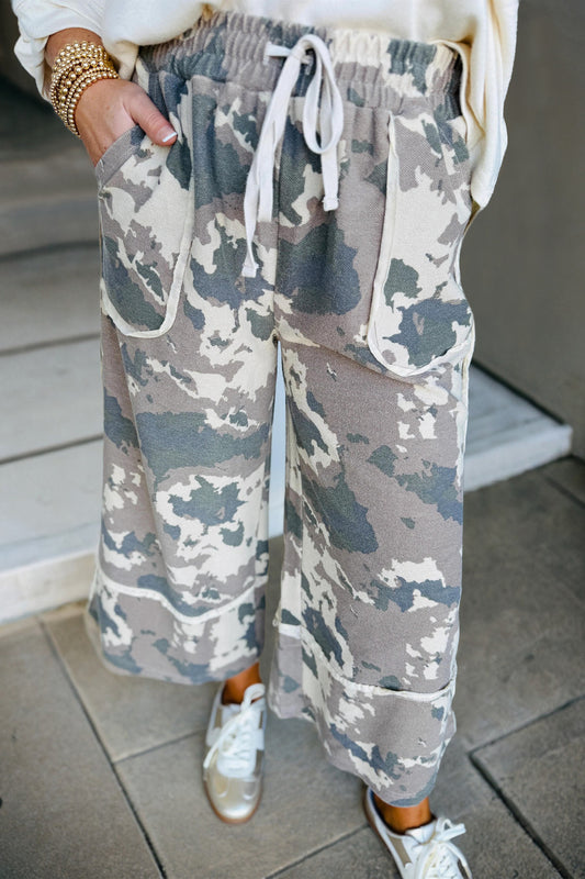Brown Camouflage Print Contrast Lace-up Raw Edge Pocketed Loose Pants - PREORDER