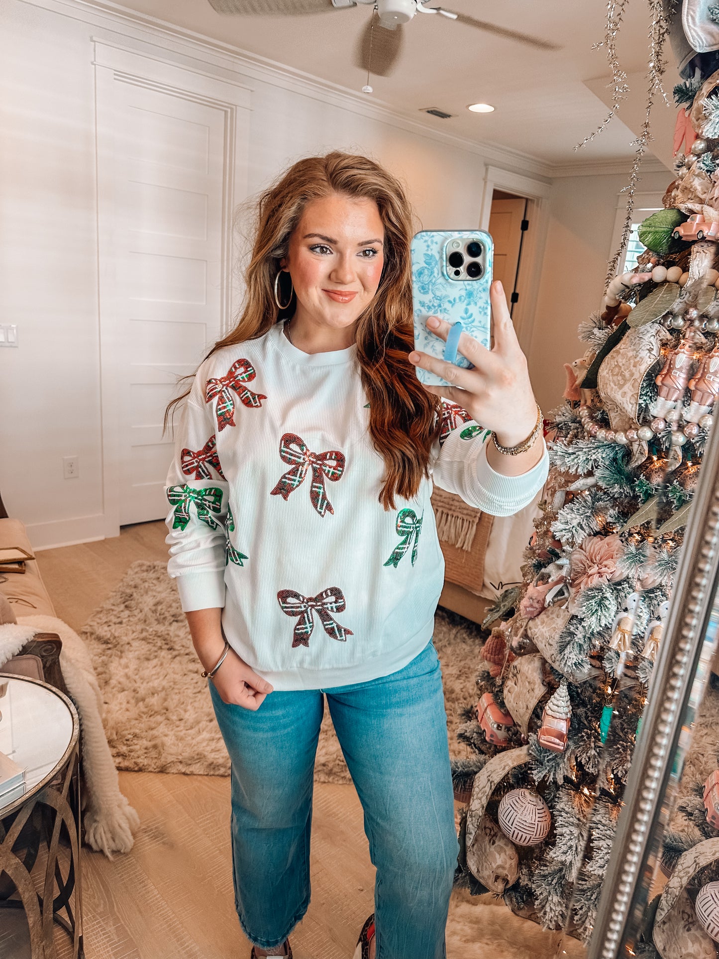 White Plaid Bowknot Sequin Pattern Corded Oversized Sweatshirt