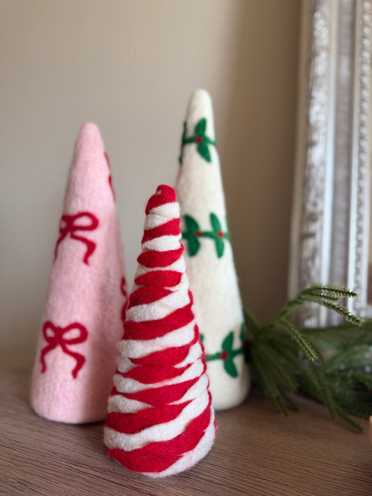 Set of 3 Felt Festive Bow Decorative Trees