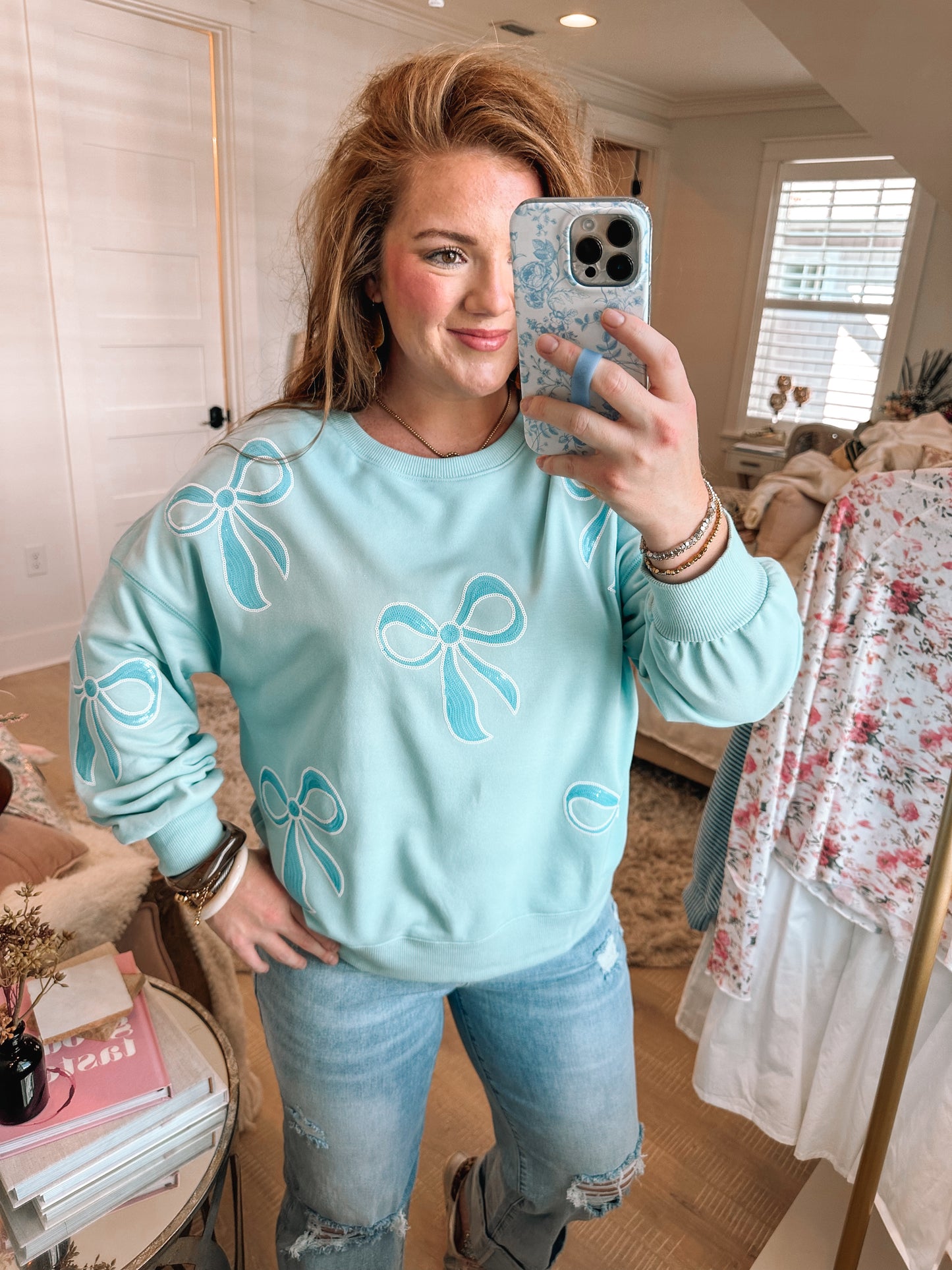 Beau Blue Sequin Bow Knot Drop Shoulder Oversized Sweatshirt