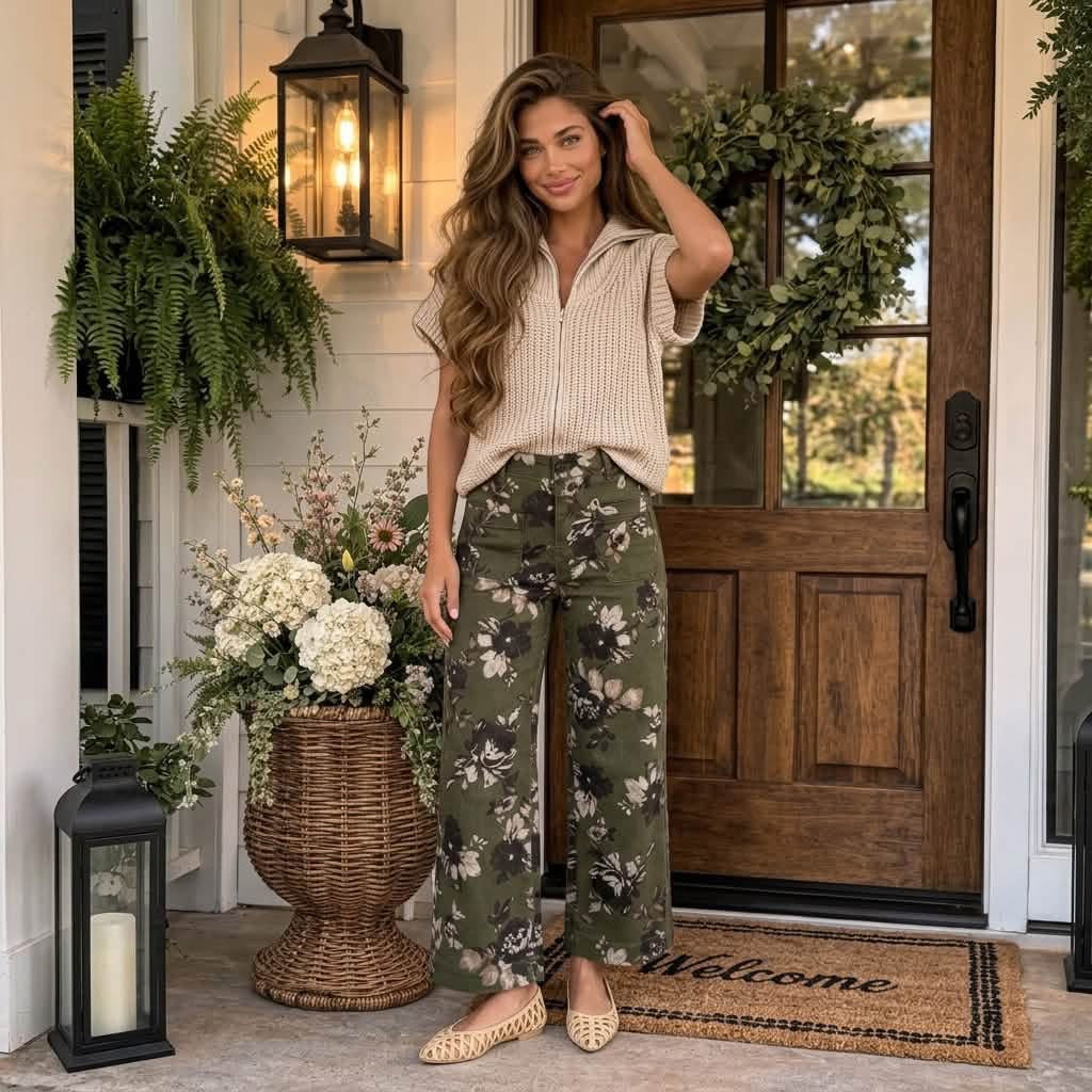 Green Vintage Floral Print Square Patch Pocket Raw Hem Shift Jeans - PREORDER