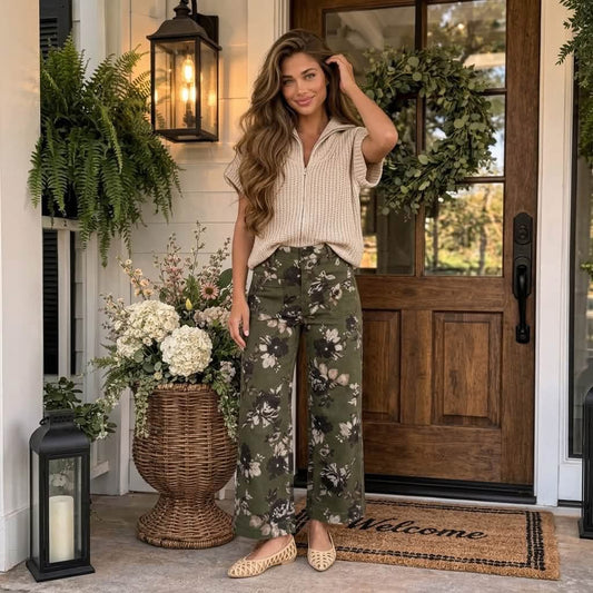 Green Vintage Floral Print Square Patch Pocket Raw Hem Shift Jeans - PREORDER