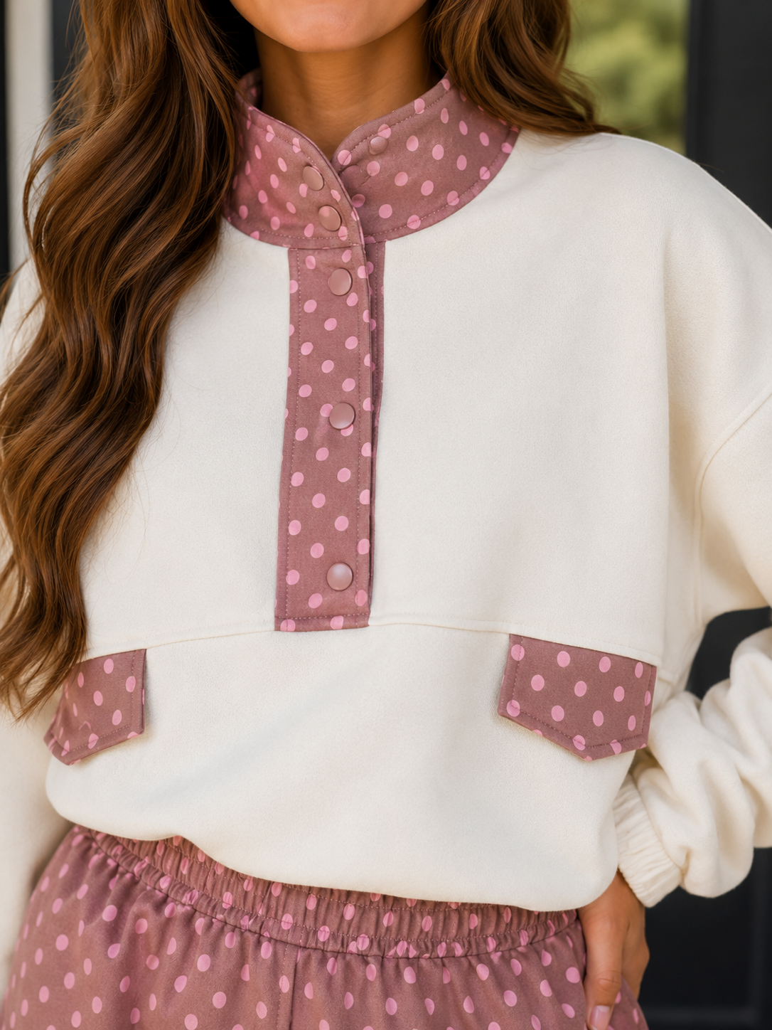 Brown Polka Dot Contrast Baggy Pullover and Elastic Waist Shorts 2pcs Set - PREORDER